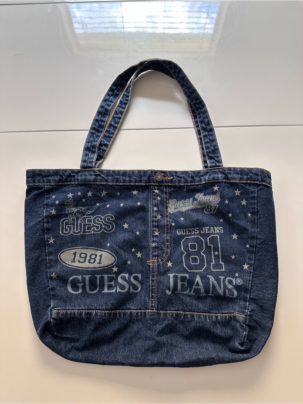 GUESS JEANS Vintage Denim Tote Bag Stars & Graphics Like New